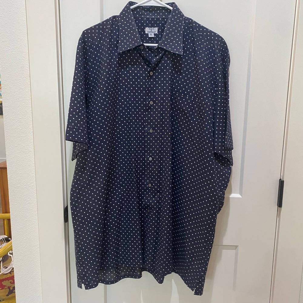 Maus & Hoffman Men's Short Sleeve Shirt. Dark Navy w/White Dots. XL.  100% Cotto
